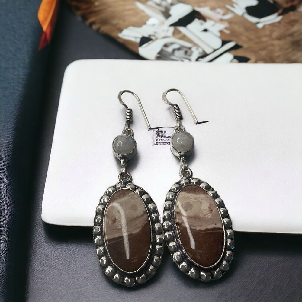 Vintage Brownie Jasperβ Rainbow Moonstone Drop DangleβEarrings Jewelry 2.48"